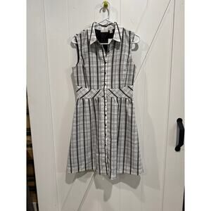 Halogen Plaid Shirtdress 8P Black White Sleeveless Fit Flare Button Front